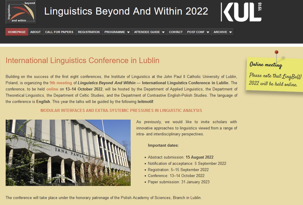 13-14.10.2022 r. – Międzynarodowa Konferencja Językoznawcza Linguistics Beyond and Within 2022 pod patronatem PAN Oddział w Lublinie